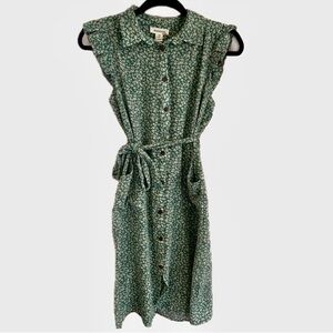 Monteau Ladies Button Down Dress with Belt. Green & cream floral pattern, medium